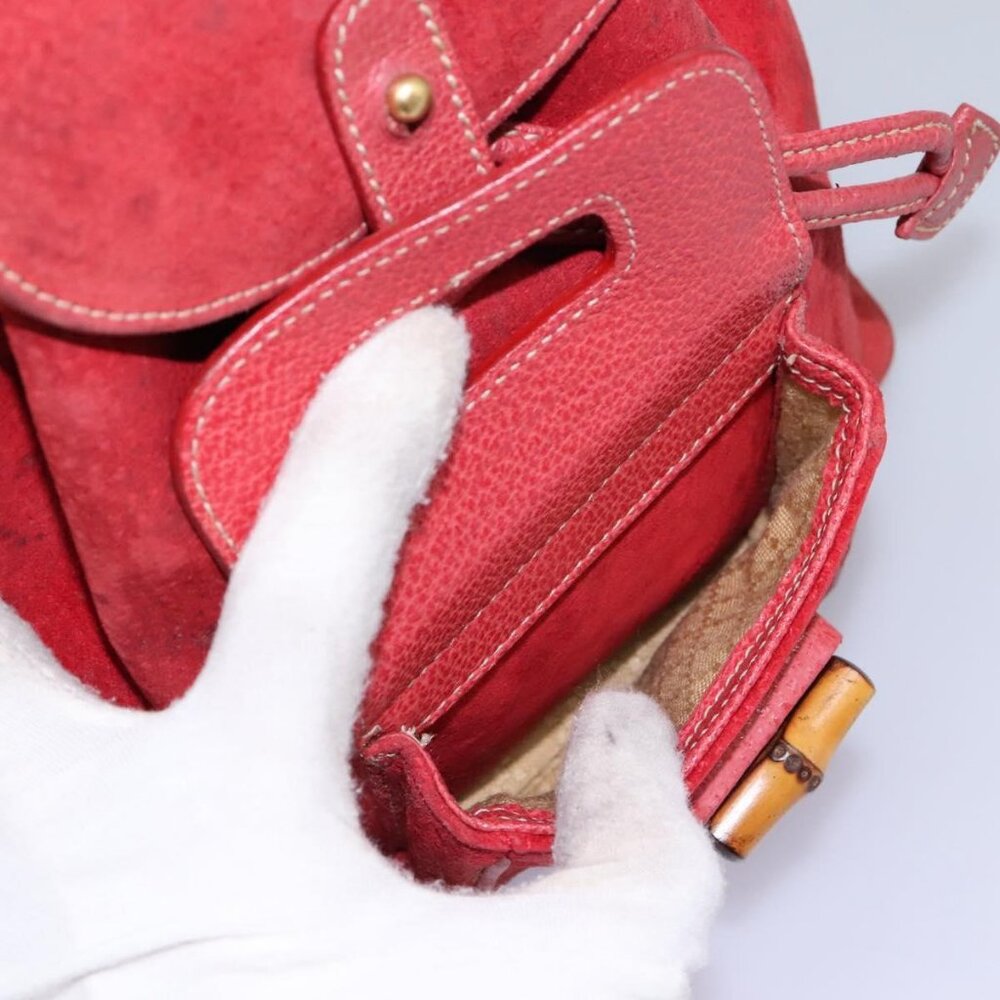 GUCCI Bamboo Backpack Suede Leather Red Gold - Picture 13 of 16